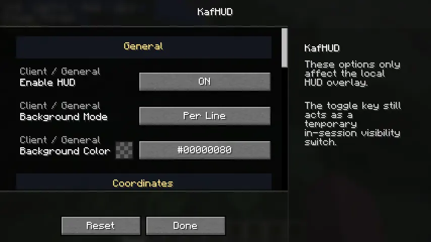 Kaf HUD in-game configuration screen