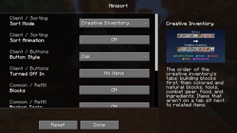 The settings screen showing what each option changes