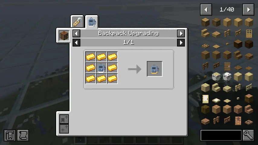 Mochila JEI recipe view for backpack crafting