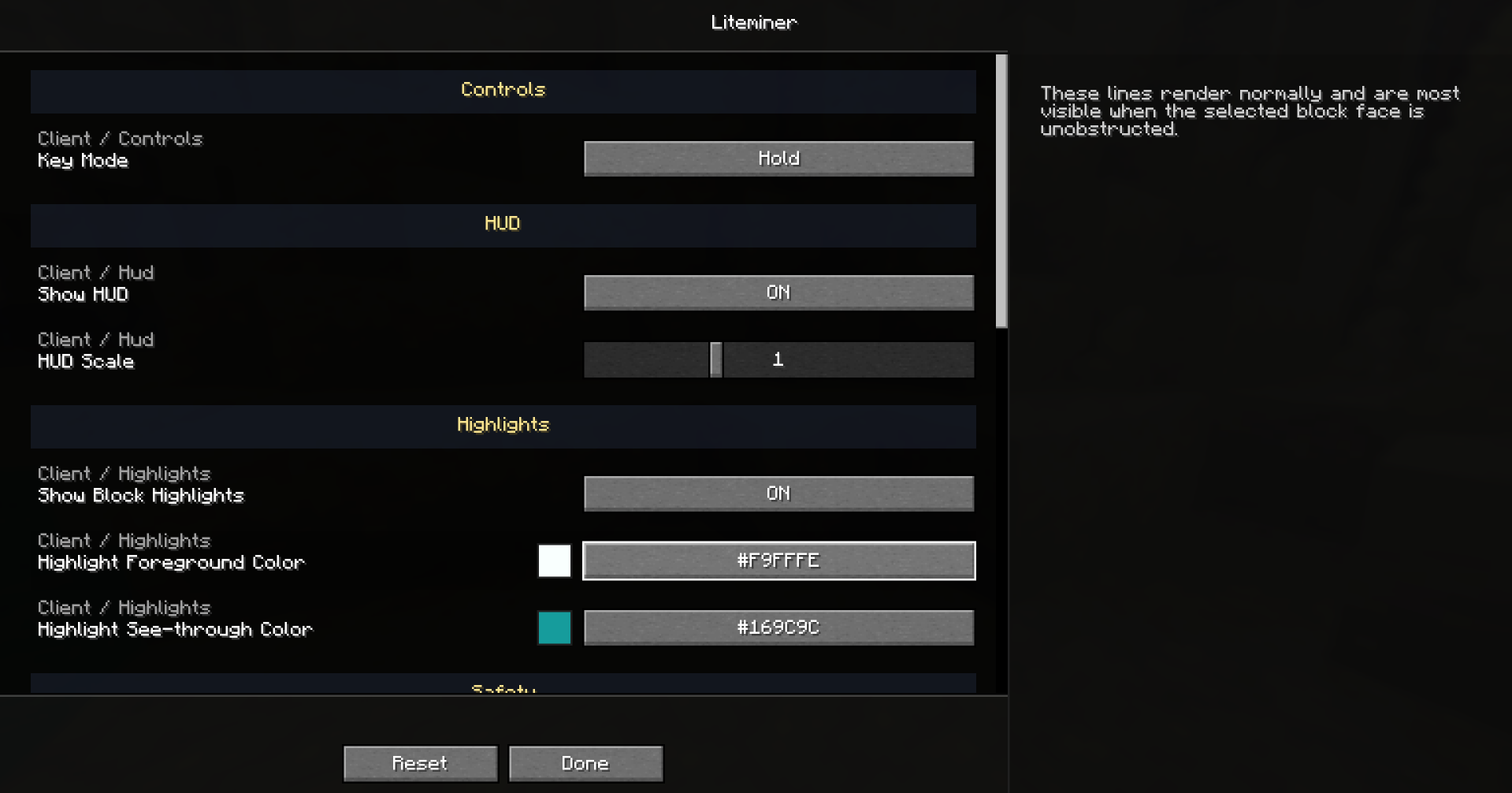 Liteminer in-game configuration screen powered by Konfig
