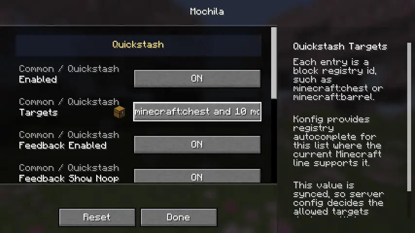 Mochila in-game configuration screen